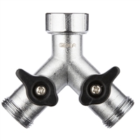 GEKA two-way valved splittter with 3/4-inch GHT and male 3/4-inch GHT connects - 46.2432.9