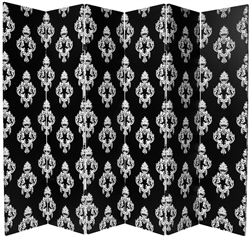 6 ft. Tall Double Sided Black and White Damask Canvas Room Divider 6 Panel