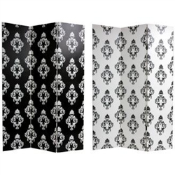 6 ft. Tall Double Sided Black and White Damask Canvas Room Divider Screen in 3-Panel