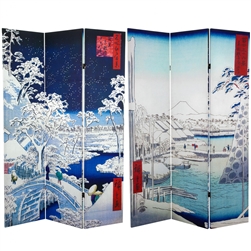 6 ft. Tall Double Sided Hiroshige Room Divider - Drum Bridge/River Bank