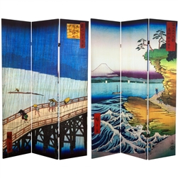 6 ft. Tall Double Sided Hiroshige Room Divider - Sudden Shower/Coast at Hota