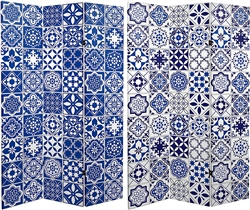 6 ft. Tall Double Sided Blue and White Tile Canvas Room Divider