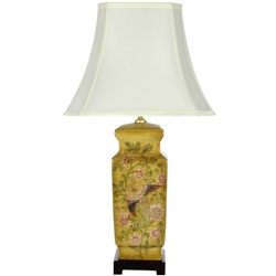 Asian/Oriental 27.5" Birds and Flowers Wooden Design Porcelain Lamp