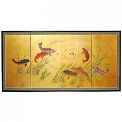 3 ft. Tall Gold Leaf Seven Lucky Fish Folding Screen