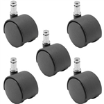 Nylon Twin Wheel Furniture / Chair Casters Black Friction Ring Stem 5 pack