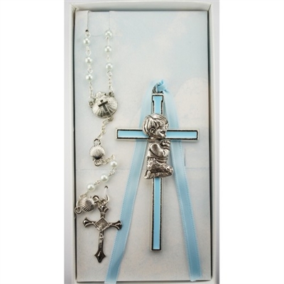 Baptism crib cross and rosary