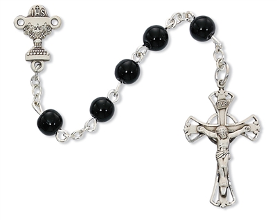 Sterling Silver 6MM Black Glass First Communion Rosary