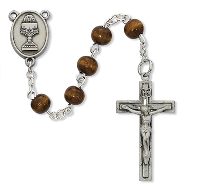 First Communion Rosary 6mm Brown Wood with Chalice Center