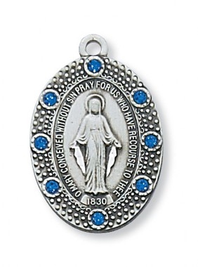 Miraculous Medal - Blue crystal  Sterling Silver on 18" Chain