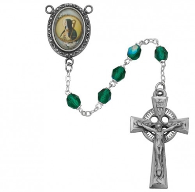 Saint Brigid of Ireland rosary with green beads, an image of St. Brigid for a rosary center and a pewter celtic crucifix. Gift boxed.