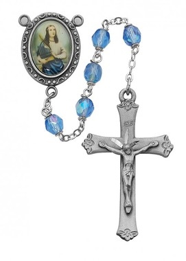 Saint Cecelia rosary with blue 6MM beads, an image of St. Cecelia for a rosary center and a pewter crucifix. Gift boxed.