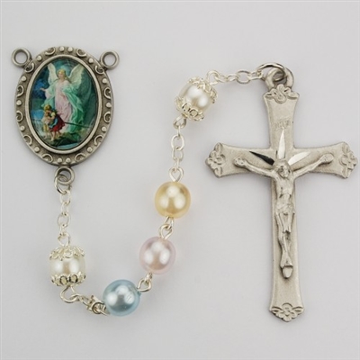 Guardian Angel rosary has pearl beads and an image of the Guardian Angel crossing over the bridge for a rosary center and a pewter crucifix. Gift boxed