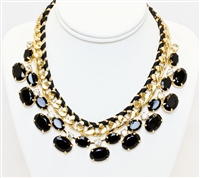 Triple Gold Necklace With Black Stones, Fashion Black And Gold Necklace, Statement Gold Necklace With Black Stones