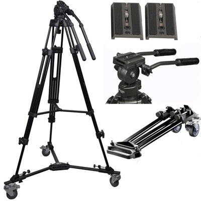 Pro heavy duty video camera tripod fluid drag pan head  2 plates dolly wheels