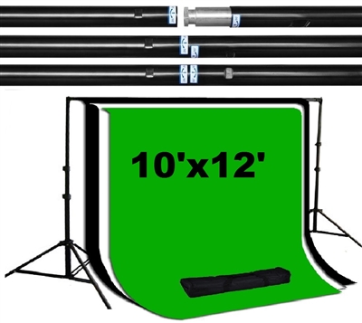 Heavy duty 10'x12' backdrop support kit with 10'x12' black/white/green backdrops