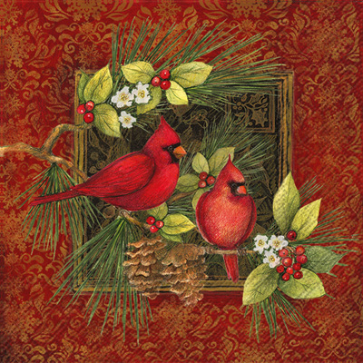 Botanical Christmas Birds Cocktail Napkin