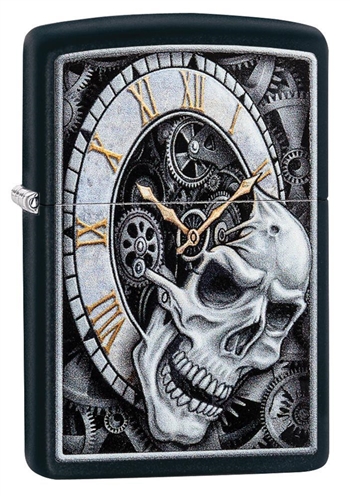 Zippo Lighter - Skull Clock Design Black Matte - 29854