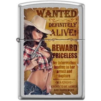 Zippo Lighter - Cowgirl W/Pistol Satin Chrome - 853933