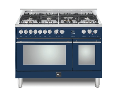 Lofra Maestro 48 Inch Range Freestanding Dual Fuel Double Oven 7 Brass Burners, Convection, Chrome Trim In Blue