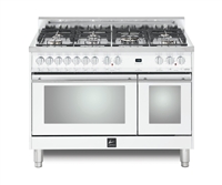 Lofra Maestro 48 Inch Range Freestanding Dual Fuel Double Oven 7 Brass Burners, Convection, Chrome Trim In White