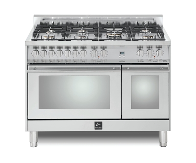 Lofra Maestro 48 Inch Range Freestanding Dual Fuel Double Oven 7 Brass Burners, Convection Stainless Steel Chrome Trim