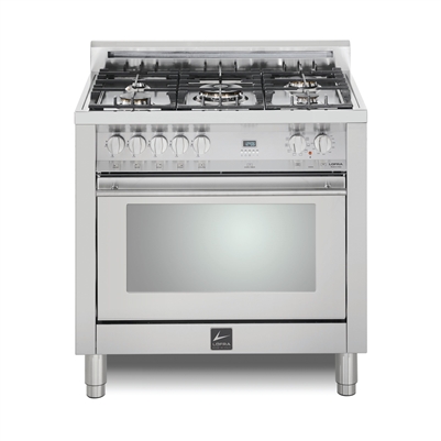 Lofra Maestro 36 Inch Range Freestanding Dual Fuel Oven 5 Brass Burners, Convection Stainless Steel Chrome Trim