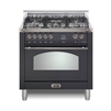 Lofra Dolcevita 36 Inch Range Freestanding Dual Fuel Range Oven 5 Brass Burners, Convection Matte Black Chrome Trim