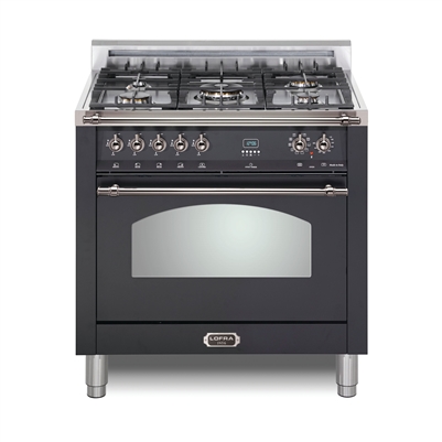 Lofra Dolcevita 36 Inch Range Freestanding Dual Fuel Range Oven 5 Brass Burners, Convection Matte Black Chrome Trim