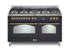 Lofra Dolcevita 60 Inch Range Freestanding Dual Fuel Range Double Oven 8 Brass Burners, Convection Matte Black Brass Trim