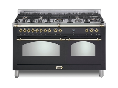 Lofra Dolcevita 60 Inch Range Freestanding Dual Fuel Range Double Oven 8 Brass Burners, Convection Matte Black Brass Trim