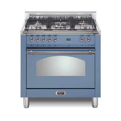 Lofra Dolcevita 36 Inch Range Freestanding Dual Fuel Range Oven 5 Brass Burners, Convection lavender Chrome Trim