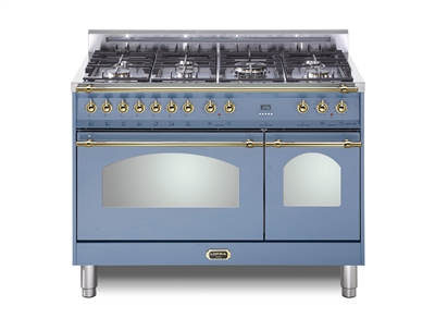 Lofra Dolcevita 48 Inch Range Freestanding Dual Fuel Range Double Oven 7 Brass Burners, Convection Lavender Brass Trim