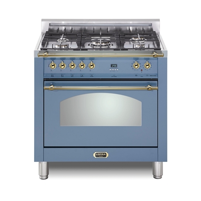 Lofra Dolcevita 36 Inch Range Freestanding Dual Fuel Range Oven 5 Brass Burners, Convection lavender Brass Trim