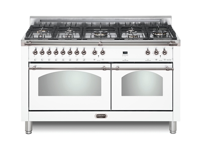 Lofra Dolcevita 60 Inch Range Freestanding Dual Fuel Range Double Oven 8 Brass Burners, Convection White Chrome Trim