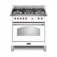 Lofra Dolcevita 36 Inch Range Freestanding Dual Fuel Range Oven 5 Brass Burners, Convection White Chrome Trim