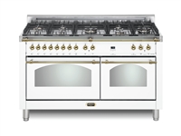 Lofra Dolcevita 60 Inch Range Freestanding Dual Fuel Range Double Oven 8 Brass Burners, Convection White Brass Trim