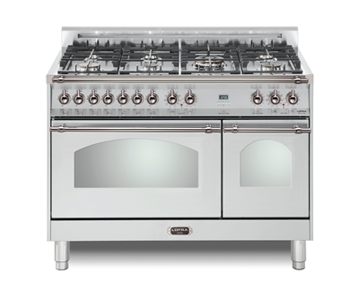 Lofra Dolcevita 48 Inch Range Freestanding Dual Fuel Range Double Oven 7 Brass Burners, Convection Stainless Steel Chrome Trim