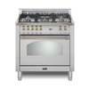 Lofra Dolcevita 36 Inch Range Freestanding Dual Fuel Range Oven 5 Brass Burners, Convection Stainless Steel Brass Trim