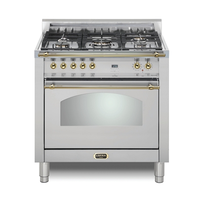 Lofra Dolcevita 36 Inch Range Freestanding Dual Fuel Range Oven 5 Brass Burners, Convection Stainless Steel Brass Trim