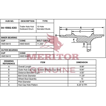 Meritor Assembly - Rear Hub / Abs P/N: 04-15502-004 or 0415502004