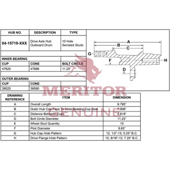 Meritor Ay - Rear Hub P/N: 04-15719-1004 or 04157191004