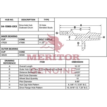 Meritor Ay - Rear Hub P/N: 04-15900-002 or 0415900002