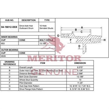 Meritor Ay - Rear Hub P/N: 04-16012-002 or 0416012002