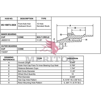 Meritor Ay - Frt Hub P/N: 05-15873-002 or 0515873002