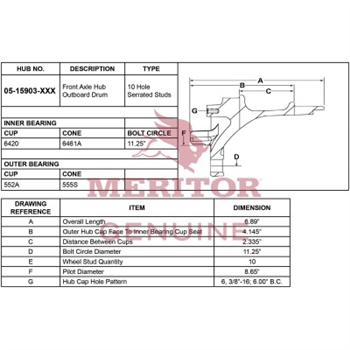 Meritor Ay - Hub P/N: 05-15903-030 or 0515903030