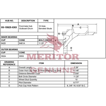 Meritor Ay - Frt Hub / Stud P/N: 05-15925-004 or 0515925004