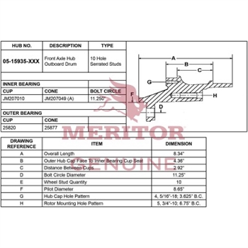 Meritor Ay - Frt Hub Rh P/N: 05-15935-002 or 0515935002