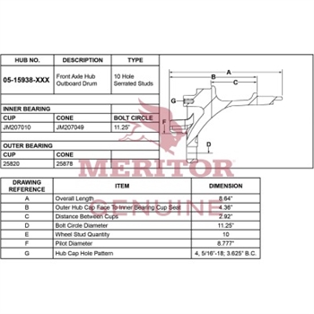 Meritor Ay - Hub Frt P/N: 05-15938-1002 or 05159381002