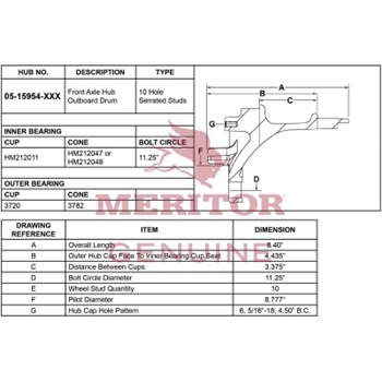 Meritor Ay - Frt Hub P/N: 05-15954-006 or 0515954006