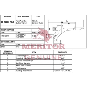 Meritor Ay - Frt Hub P/N: 05-16067-005 or 0516067005